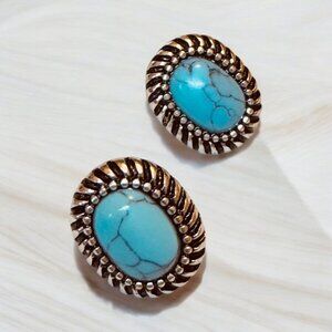 Pierced Earrings Silver Tone and Turquoise Dyed Howlite Oval Shape CHAPS